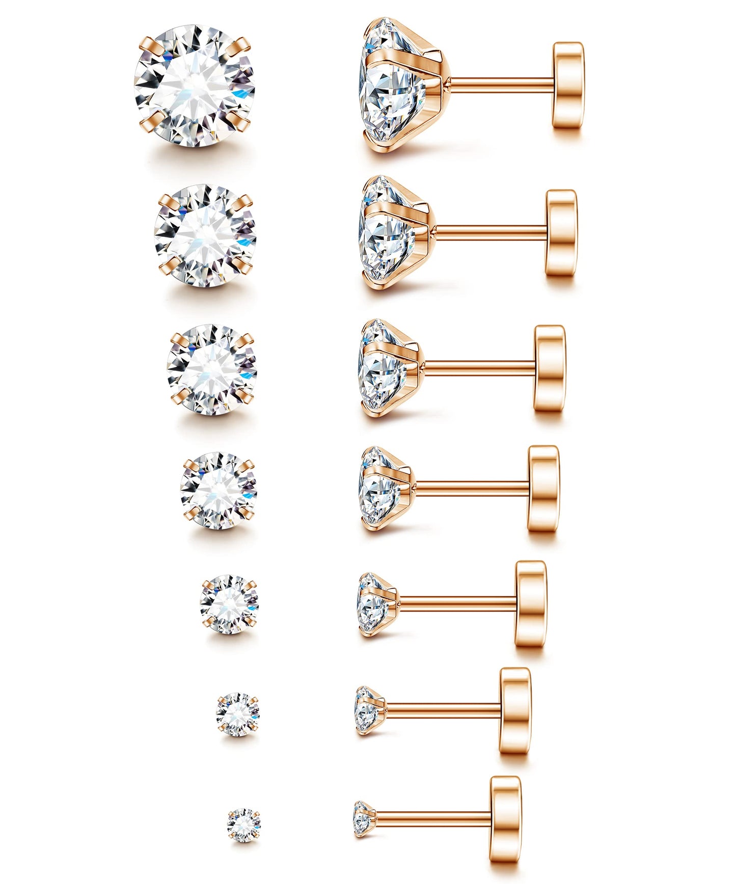 Fansilver 20G Hypoallergenic Flat Back Earrings for Women Men Silver 14K Gold Stainless Steel Stud Earrings Birthstone Cubic Zirconia Studs Surgical Steel Cartilage Earrings for Sensitive Ears