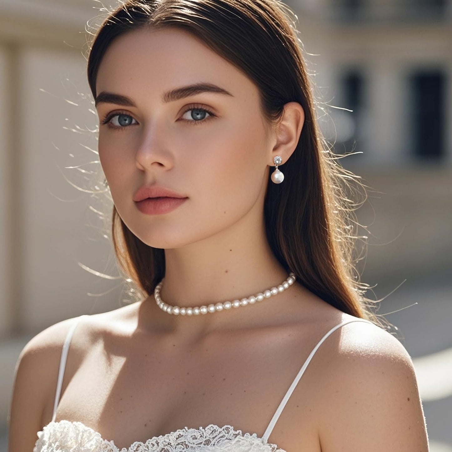 Elegant Imitation Diamond Pearl Drop Earrings Bride Bridesmiad Dangle Pearl Earrings for Women Wedding Party Everyday Wear (White)