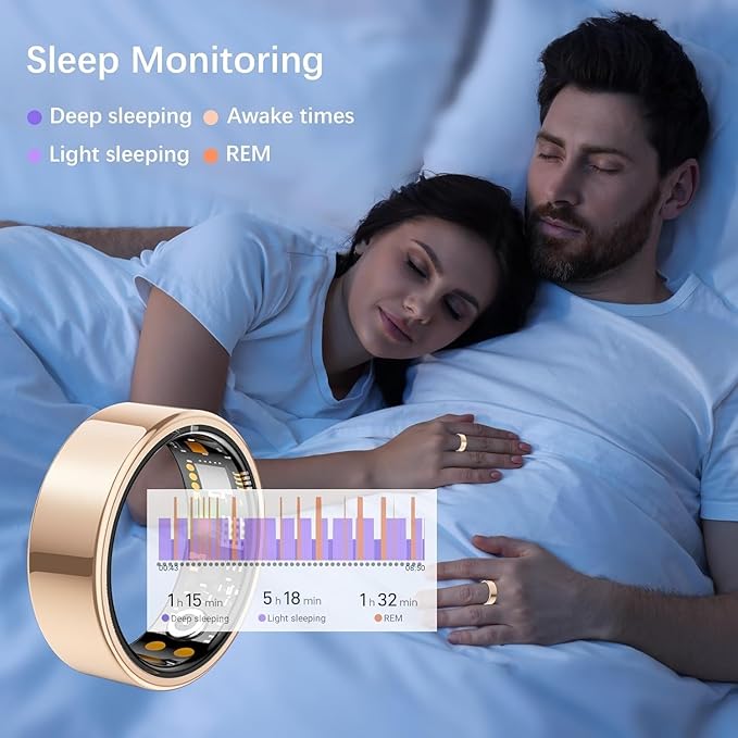 Ring Health Tracker for Women Men, Fit Ring with Heart Rate, Blood Oxygen, Sleep Monitor, Calories, Step Counter, IP68 Waterproof Smart Ring for iPhone & Android, No Subscription Fee (Rose Gold, 6#)