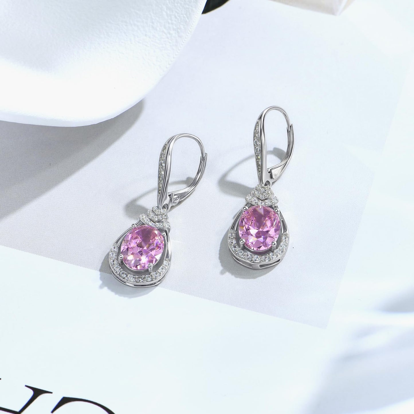 Sparkling Pink Tourmaline Earrings for Women S925 Sterling Silver October Birthstone Dangle Earrings for Women CZ Teardrop Leverback Drop Earring Jewelry Birthday Gifts for Girlfriend