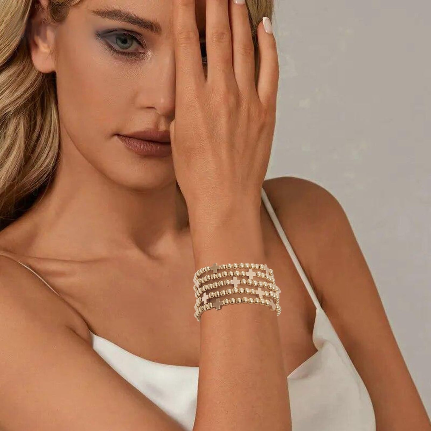 Sajidos Gold Plated Beaded Bracelets for Women Trendy, 14K Gold Plated Stack Cross Pearl Bead Stretch Bracelets Set Elastic Hypoallergenic Bracelets Jewelry Gifts (style13-gold cross pcs)