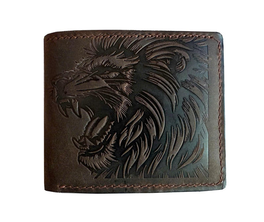 Mayan Corner - Genuine leather handcrafted wallet, bifold wallet with ID card slot, cool wallet for dad - Lion head