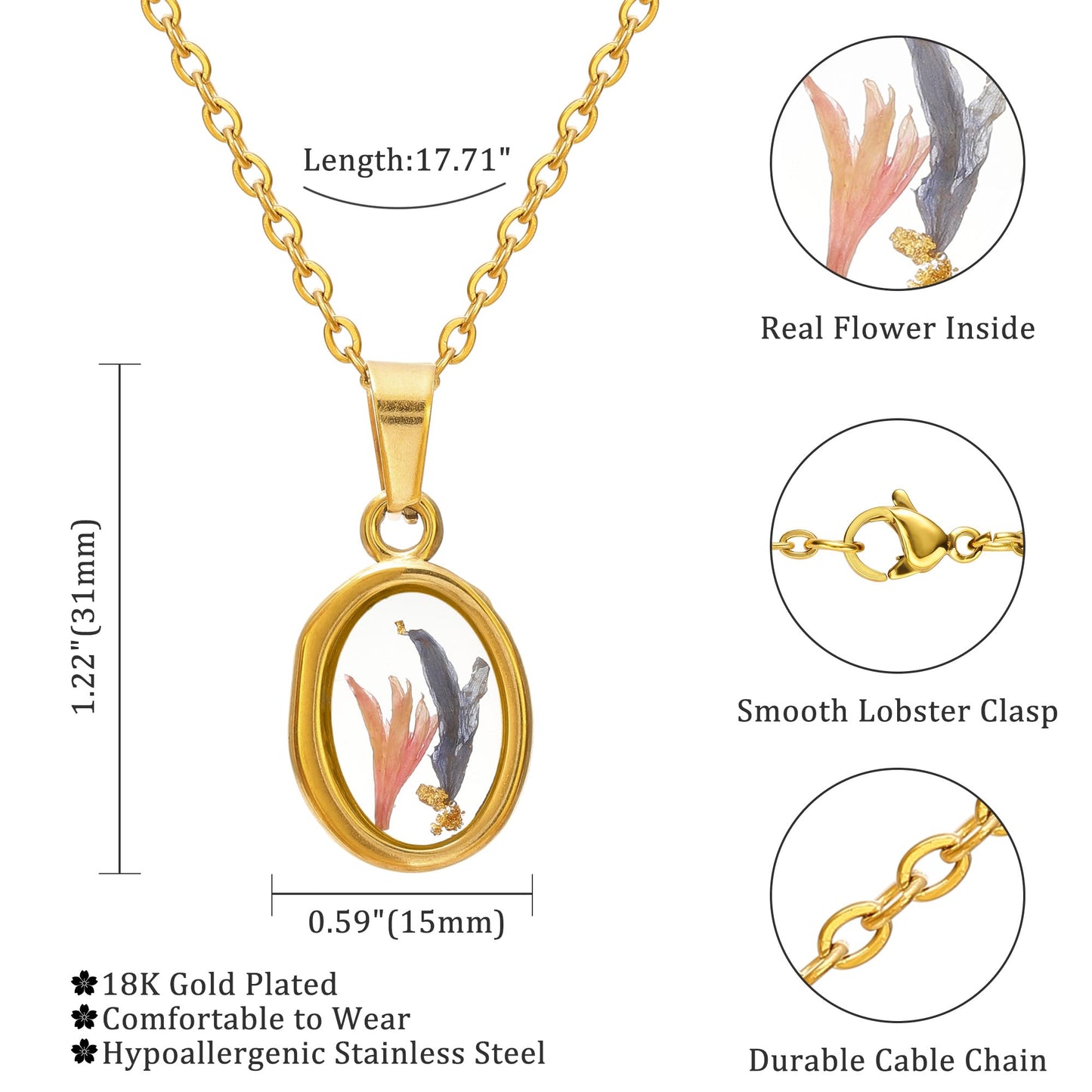 LETFLY Birth Flower Necklaces for Women, 18K Gold Plated Oval Shaped Handmade Floral Pendant, Pressed Flower Necklace Jewelry Gifts Joy