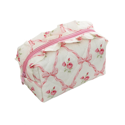 Cute Makeup Bag Travel Cosmetic Bag for Women,Small Floral Organizer Toiletry Bag Make Up Bags,Coquette Aesthetic Bowknot Toiletry Bag,Soft Cotton Cloth Travel Toiletry Bag (04 Pink Bow Flower)