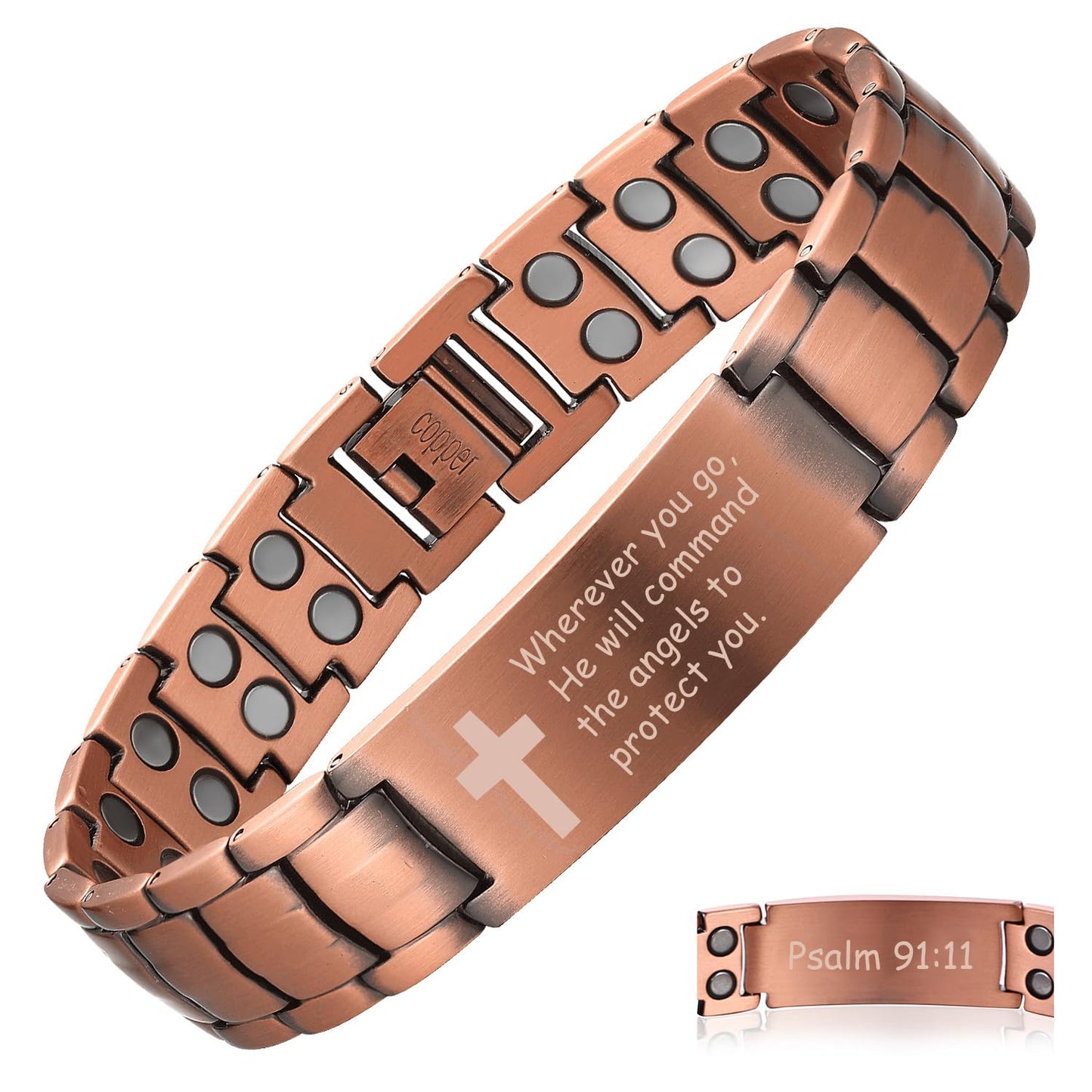 MagEnergy Copper Bracelet for Men, Christian Magnetic Bracelet with Ultra Strength Magnets, Adjustable Copper Biblical Cross Bracelet, Jewelry Gift(Sizing Tool)