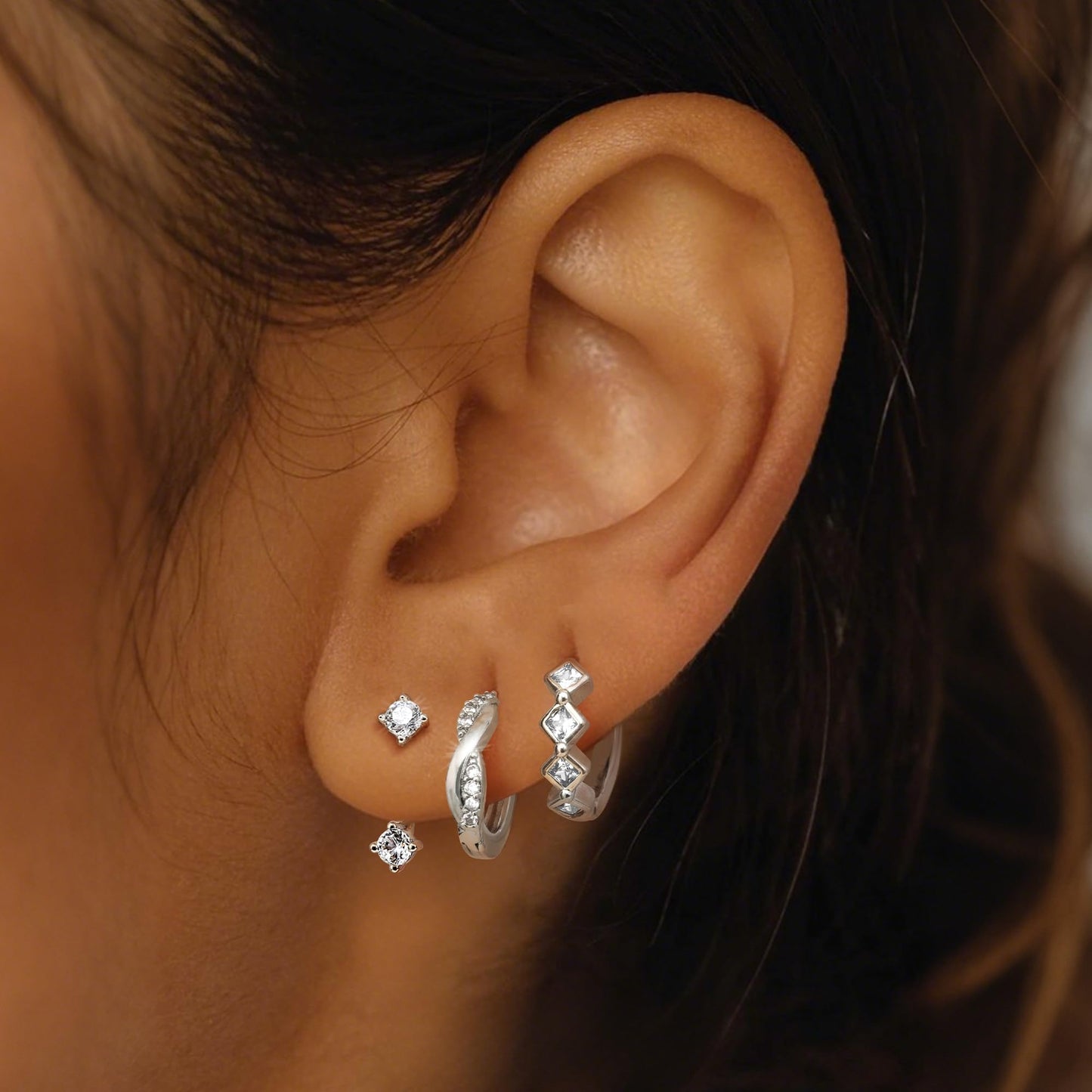 MILACOLATO 3Pairs 925 Sterling Silver Earrings for Women, Sterling Silver Filled Small Huggie Hoop Earrings Sets for Multiple Piercing Hypoallergenic, CZ Cartilage Earrings Stacks Trendy Earrings, H