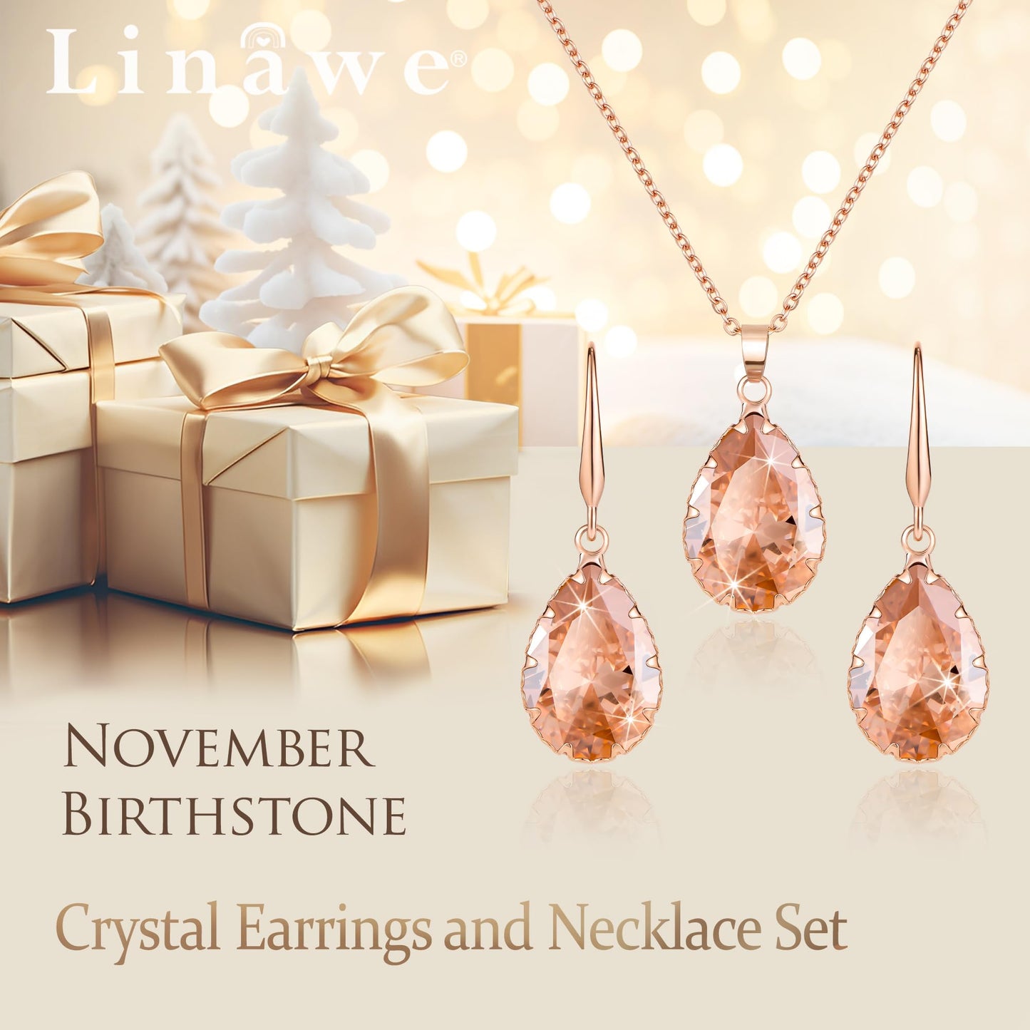 Linawe Citrine Crystal Jewelry Sets for Women Rose Gold, Imitation Diamond Pendant Necklace Set, Yellow Rhinestone Drop Dangle Earrings Set, Birthstone Cubic Zirconia Matching Wedding Jewelry