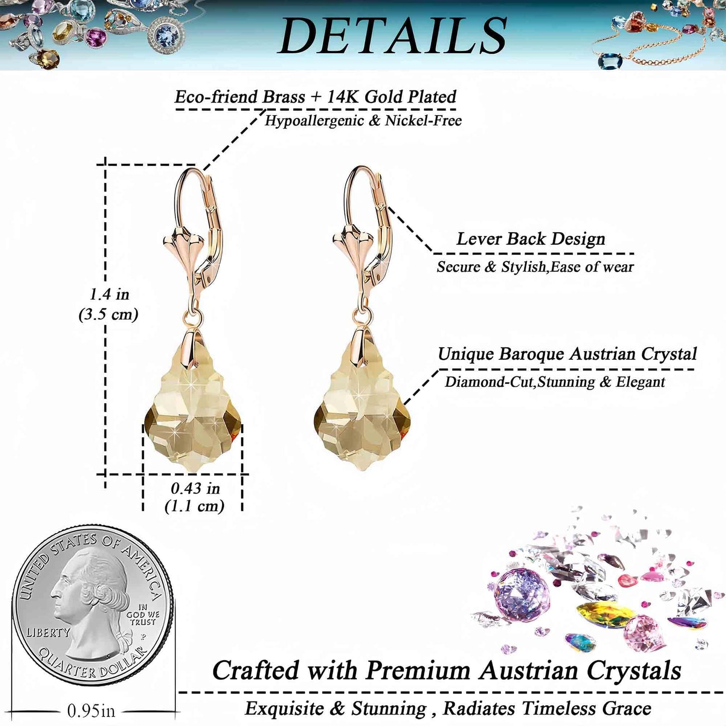 Austrian Crystal Baroque Drop Leverback Earrings for Women Fashion 14K Gold Plated Hypoallergenic Jewelry (Topaz)