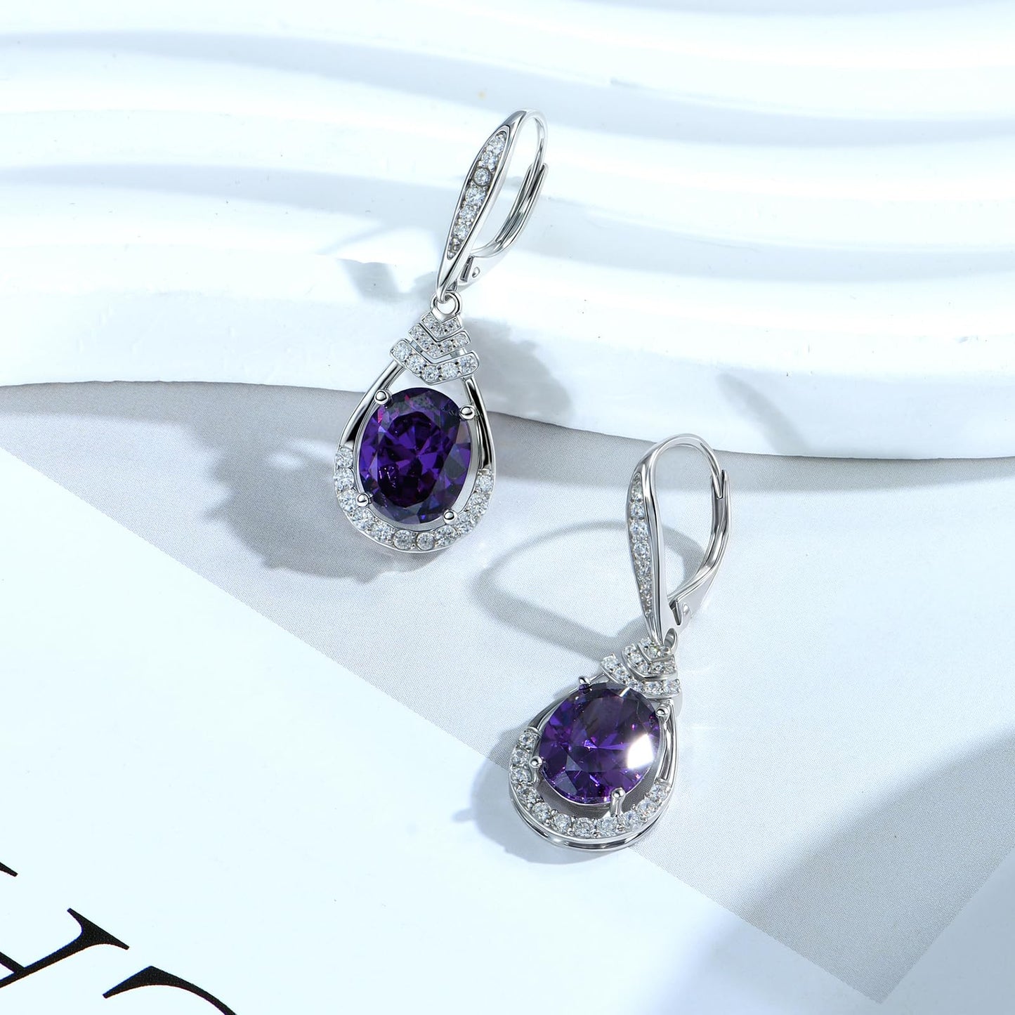 Valentine's Day Gifts for Women |18K G Plated Sterling Silver Birthstone Teardrop Leverback Drop Earring for Women Lady | Wedding Jewelry Gifts for the Bride | Hypoallergenic Oval Cut CZ Earrings (Silver-02-Feb.-Amethyst)