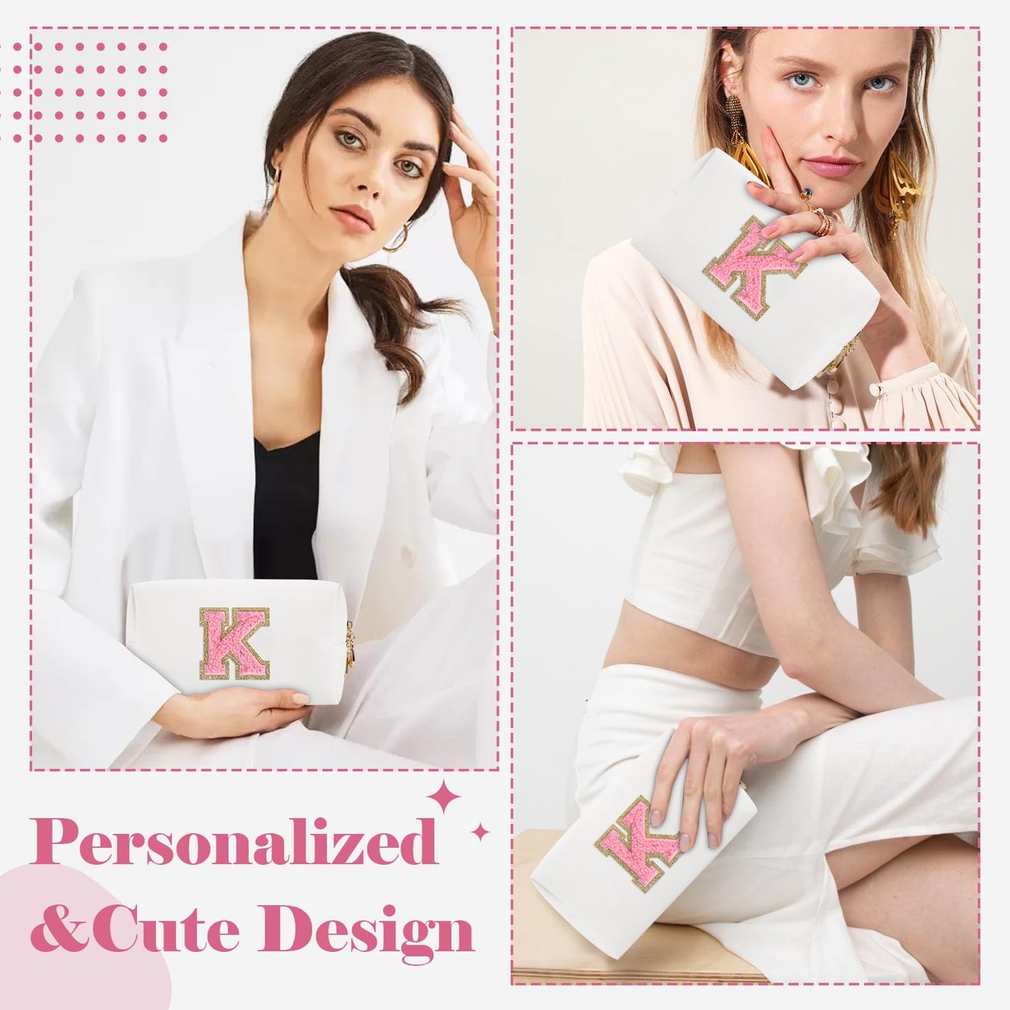 Personalized Makeup Bag Initial A-Z Preppy Patch Bag,Small PU Leather Travel Cosmetic Bag Pouch with Zipper,White Cute Toiletry Bag,Gift Ideal for Teen Girls Women Birthday Friend Mom,Letter K