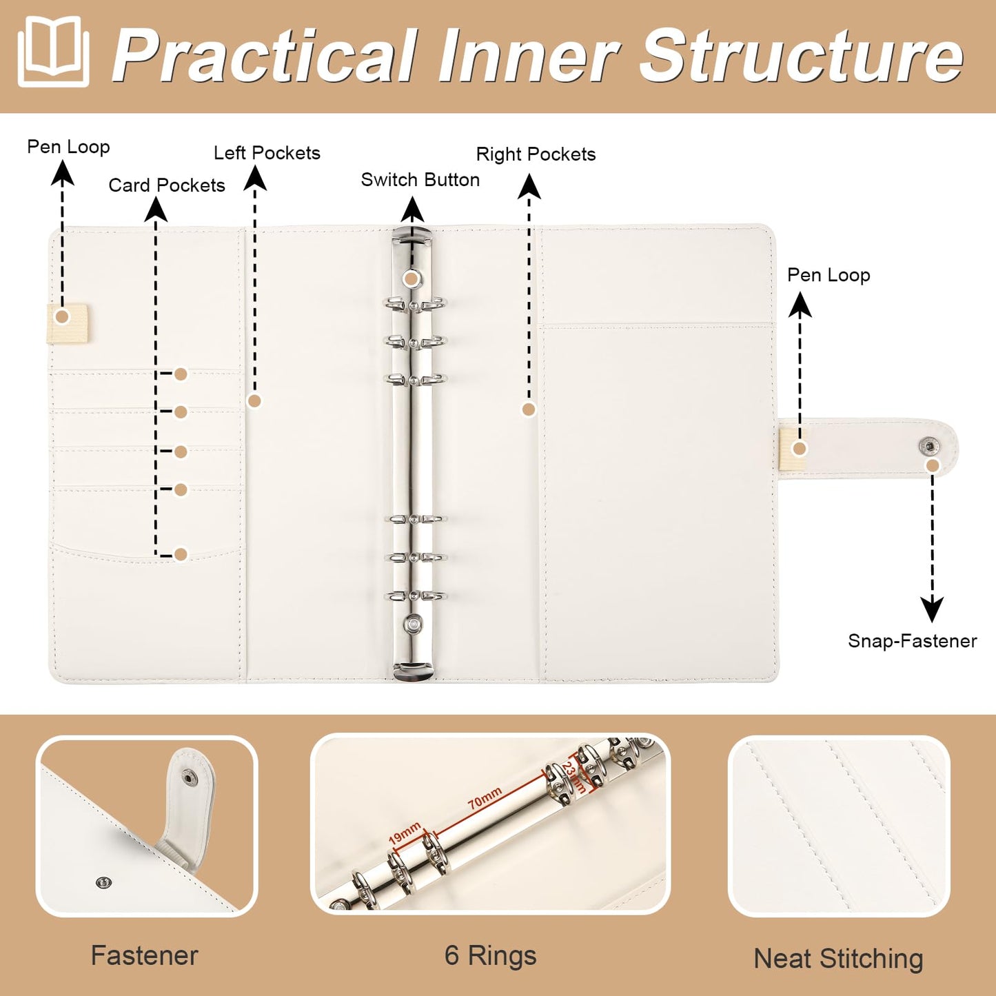 A5 6 Ring Planner Binder - Refillable PU Leather Notebook Organizer with 80 Line Sheets, Monthly Sheets, Plastic Pockets and Dividers, Beige