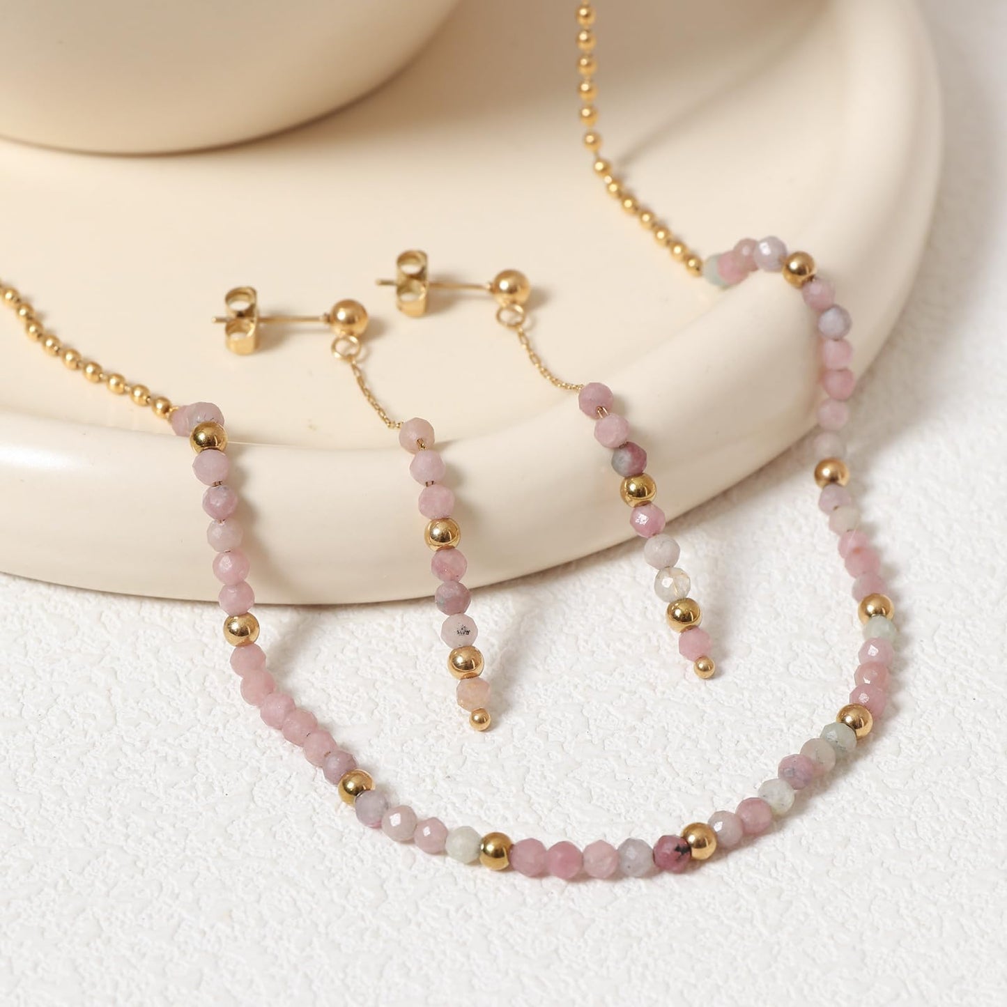 TaYolnFaSo Round Pink Tourmaline Beads Jewelry Set for Women 18K Gold Plated Pink Tourmaline Necklace and Earrings Set Gift for Female