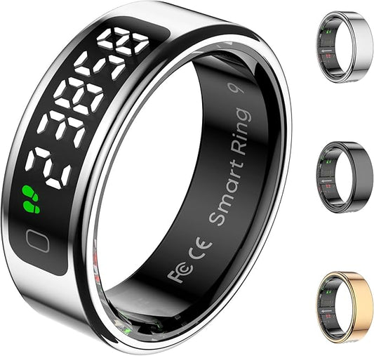 Smart Ring Health Tracker with Display Screen, Sleep Tracker Ring with Heart Rate, Fitness Ring Step tracker for Activity Monitoring/Steps/Calories,Wireless Charging, for iOS Android (Silver,11#)