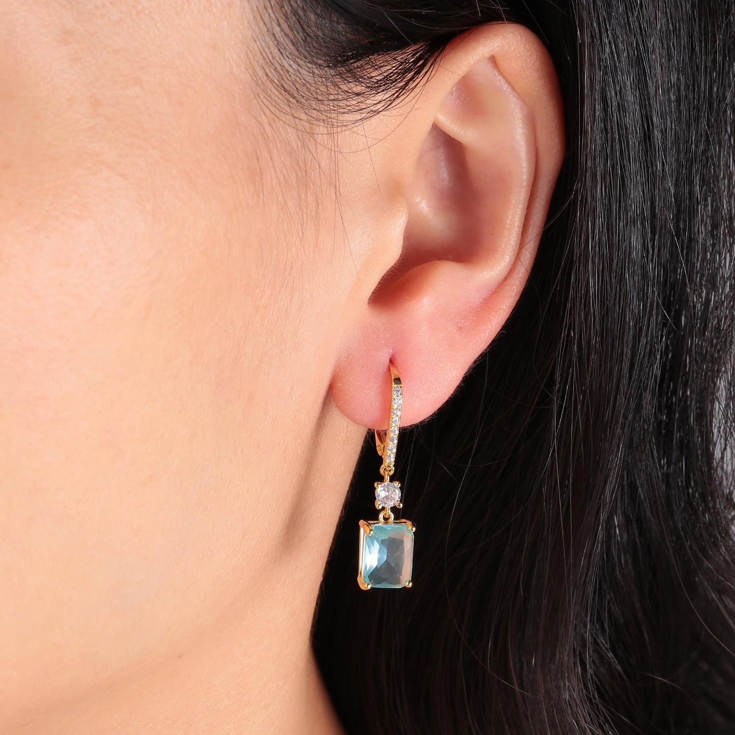 CiNily Leverback Earrings for Women Rectangular-cut Drop Dangle Earring Hypoallergenic, 14K Gold Plated Aquamarine Cubic Zircon Earrings Diamond Dangle Ear Rings Jewelry Birthday