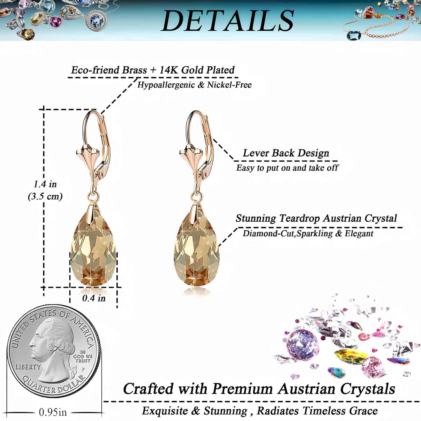 Austrian Crystal Teardrop Leverback Dangle Earrings for Women Fashion 14K Gold Plated Hypoallergenic Jewelry (Topaz)