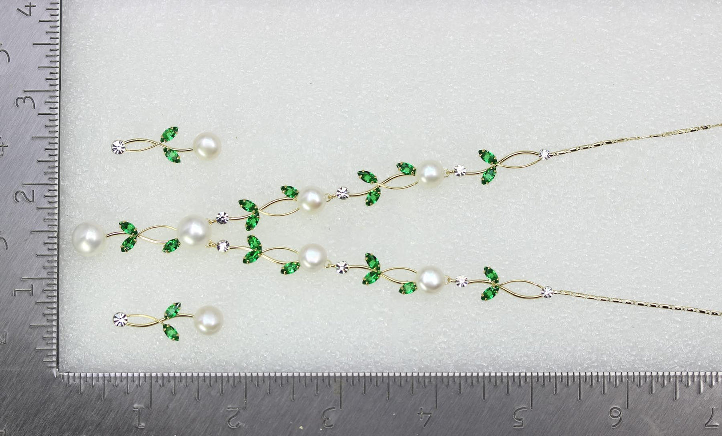 Faship Gorgeous CZ Crystal Genuine Freshwater Pearls Floral Necklace Earrings Set - Green/Gold Plated