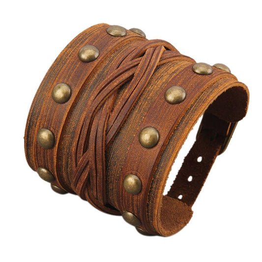 Jeilwiy Leather Cuff Bracelet for Men Multi Strap Leather Bracelet Mens Leather Wristband Brown Wrist Wrap Bracelet Wide Nordic Viking Bracelet