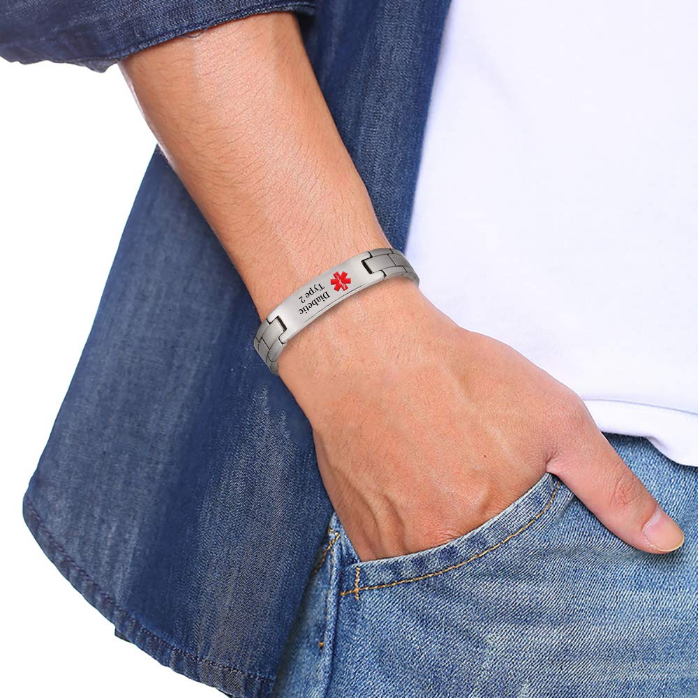 EnerMagiX Titanium Medical Alert Bracelet for Men Women, Type 2 Diabetes, High Blood Pressure, Blood Thinner, Hypoallergenic, 8.46inch Wristband