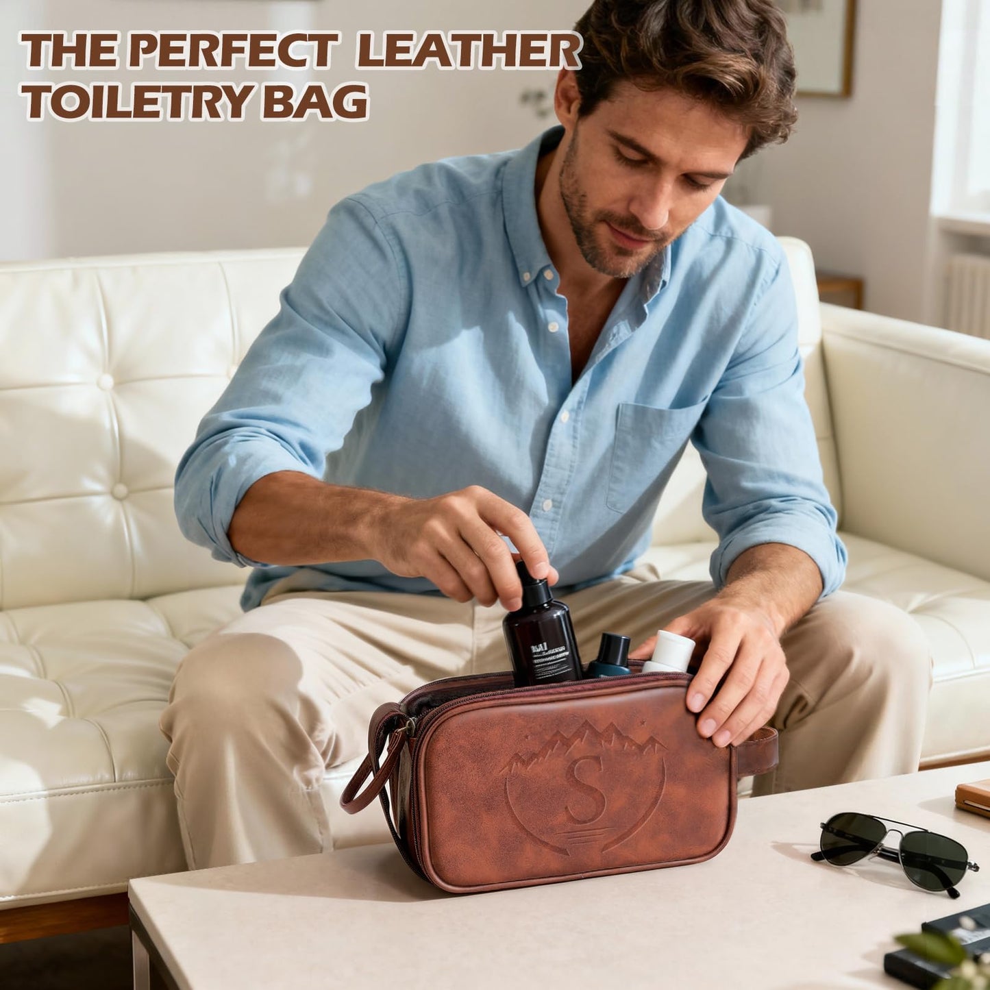 Personalized Groomsmen Gifts Travel Toiletry Bag for Men, Engraved Monogrammed Initial PU Leather Water-Resistant Shaving Bag, Traveling Essentials for Adults Man Dad Husband Boyfriend Groomsmen,S