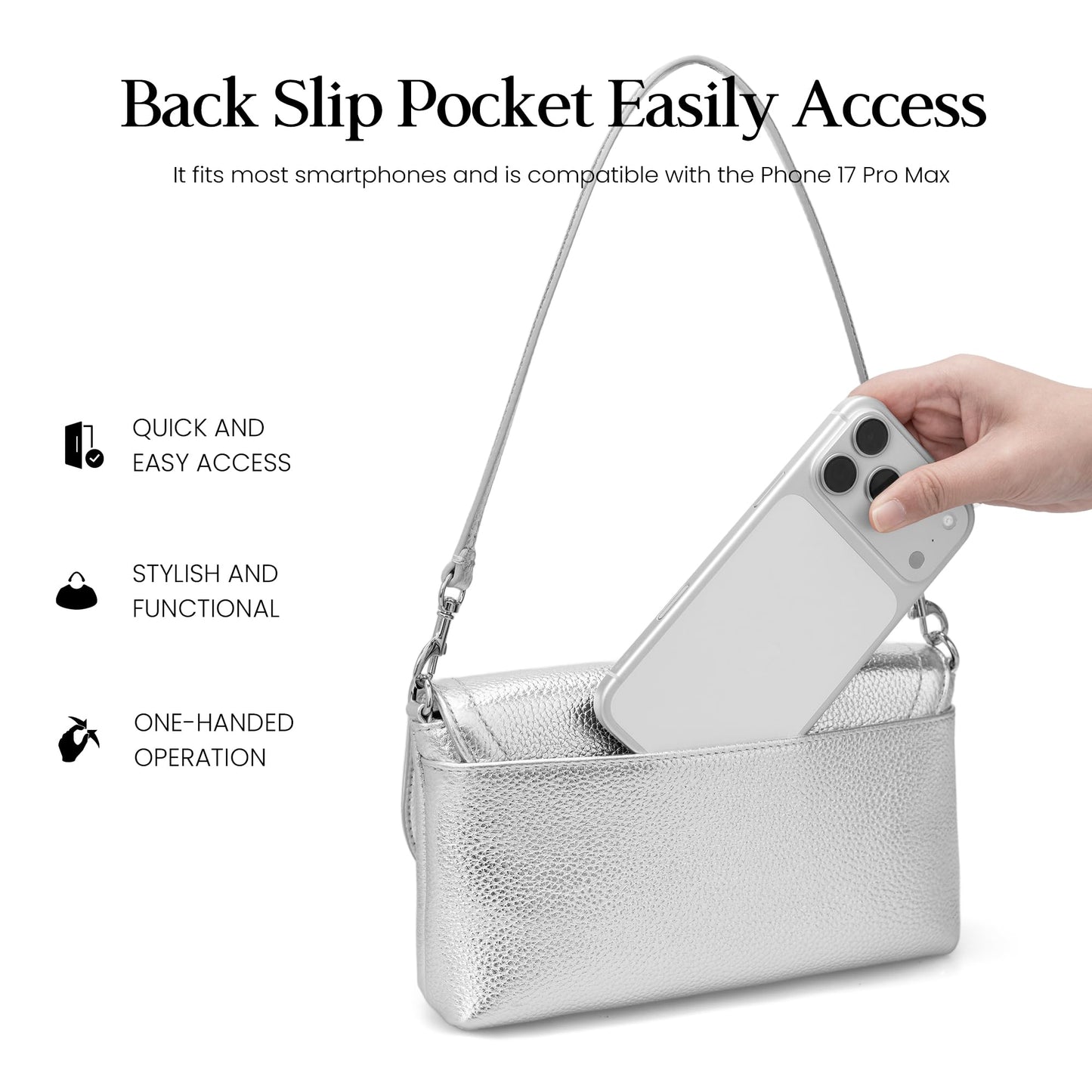 befen Genuine Leather Small Crossbody Bags for Women, Real Leather Purses with Built in RFID Wallet, Trendy Cell Phone Purse Shoulder Bag, Silver Travel Purse Handbags with Adjustable Strap