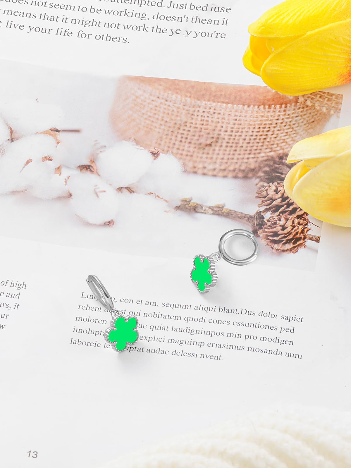 Gold Plated Five Leaf Clover Dangle Earrings for Women Lucky Flower Jewelry (Lime Green-White Gold Plated)