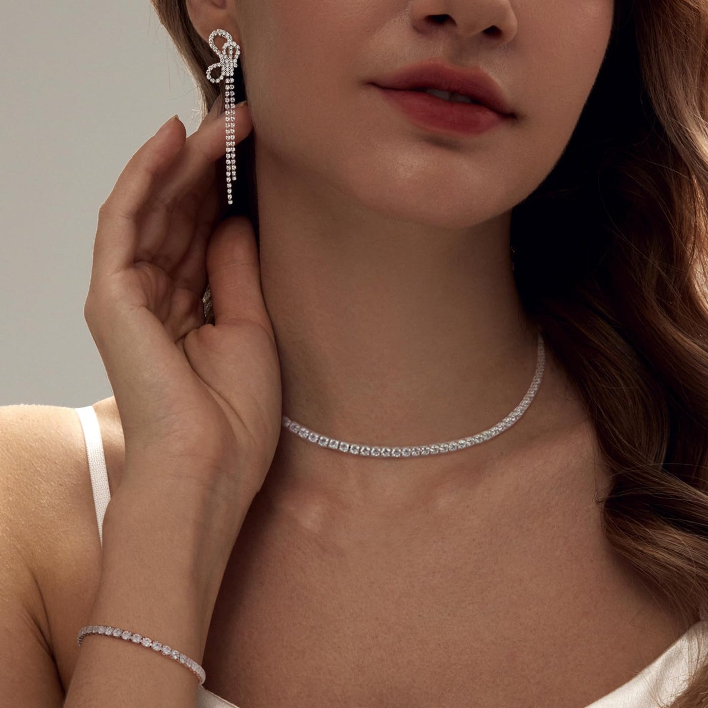 LULII Tennis Necklace Set for Women Dainty Sterling Silver Necklace and Earring Sets Rhinestone Bow Dangle Earrings Crystal Bracelets for Women Silver Jewelry Sets for Bride Gift