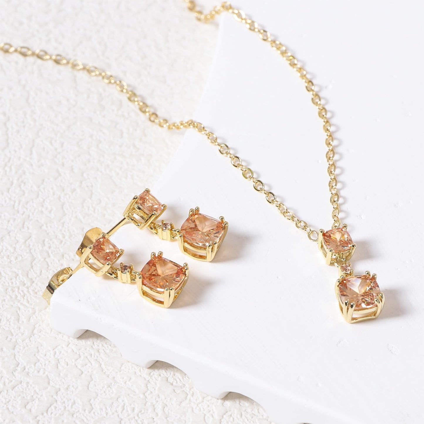 TaYolnFaSo Champagne Cubic Zirconia Jewelry Sets for Women 14k Gold Plated Cushion-Cut Necklace Earring Set Jewelry Birthday Gifts for Mother