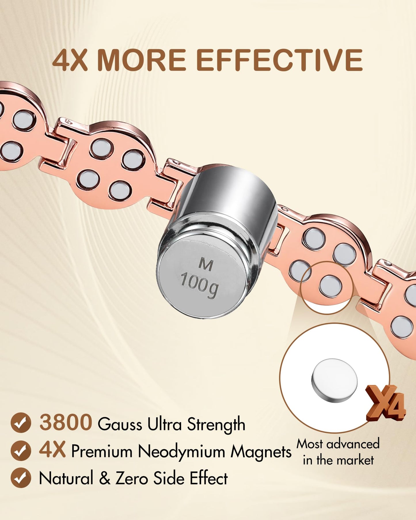 Feraco Pure Copper Bracelets for Women, 4X Ultra Strength Magnetic Bracelet with 3800 Gauss Neodymium Magnets & Dazzling Austrian Cut Crystals Stone, Adjustable Jewelry Gift (Sparkle Sphere - Rose Gold)