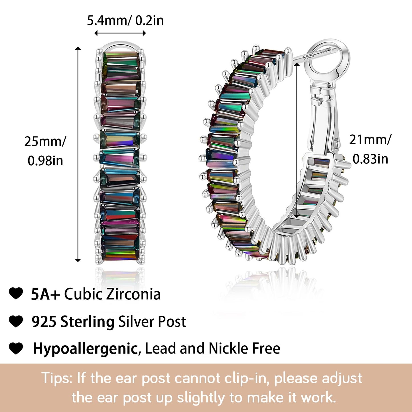 GLOQUAT Mystic Rainbow Quartz Earrings White Gold Plated Mystic Topaz Crystal Hoops for Women S925 Silver Post Vintage Baguette Cubic Zirconia Round Circle Hoops Trendy Rhinestone Jewelry 25mm