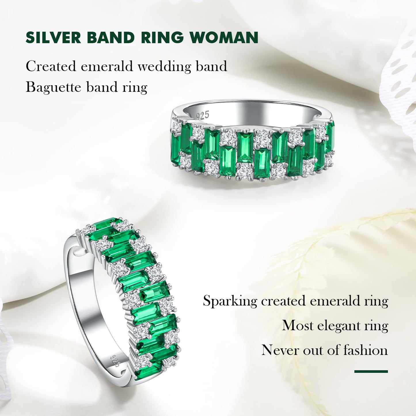 RANDES Emerald Eternity Band Rings for Women Emerald Engagement Ring Sterling Silver Green Stone Baguette Wedding Bands Anniversary Size 8
