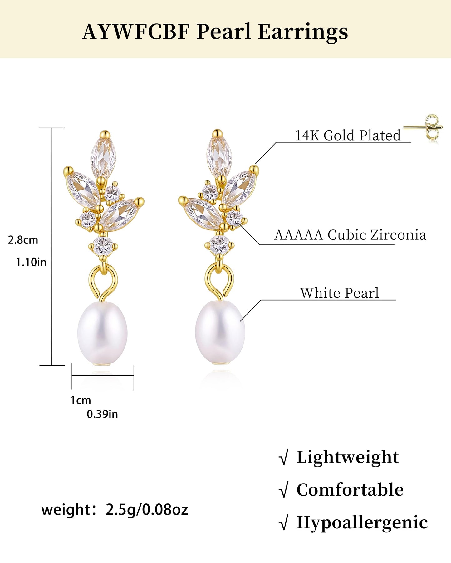 Pearl Earrings for Women, 14k Gold Plated Trendy Pearl Diamond Earrings Bridal Shower Gifts Wedding jewelry for Women