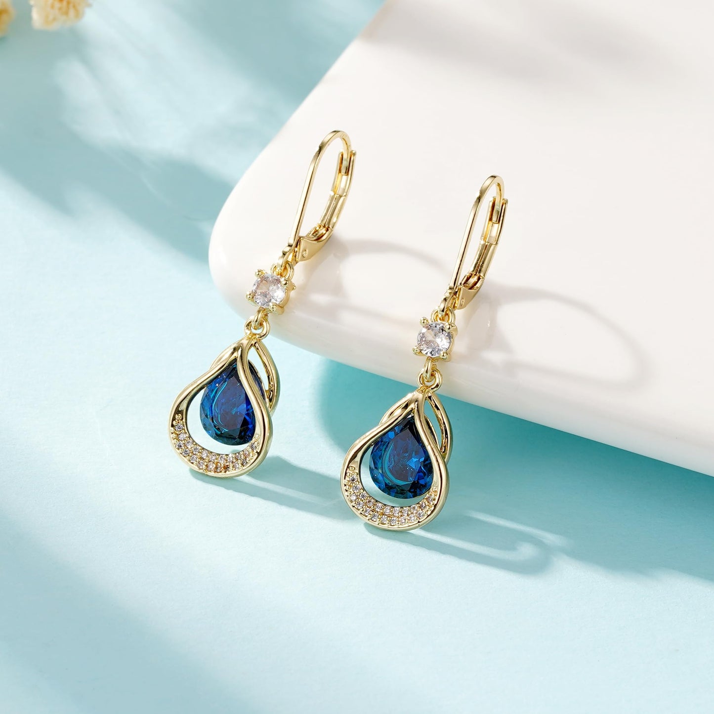 Dangle Trendy Leverback Birthstone Earrings 14K Gold Plated Teardrop Dangle Earrings Jewelry Christmas Birthday Gifts for Women (Gold September)