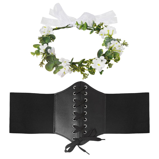 XZCYAMPF Lace-up Pirate Corset Belt for Women, Leather Waist Cincher with Floral Headpiece, Renaissance Halloween Costume Accessories (Black, 36ft)