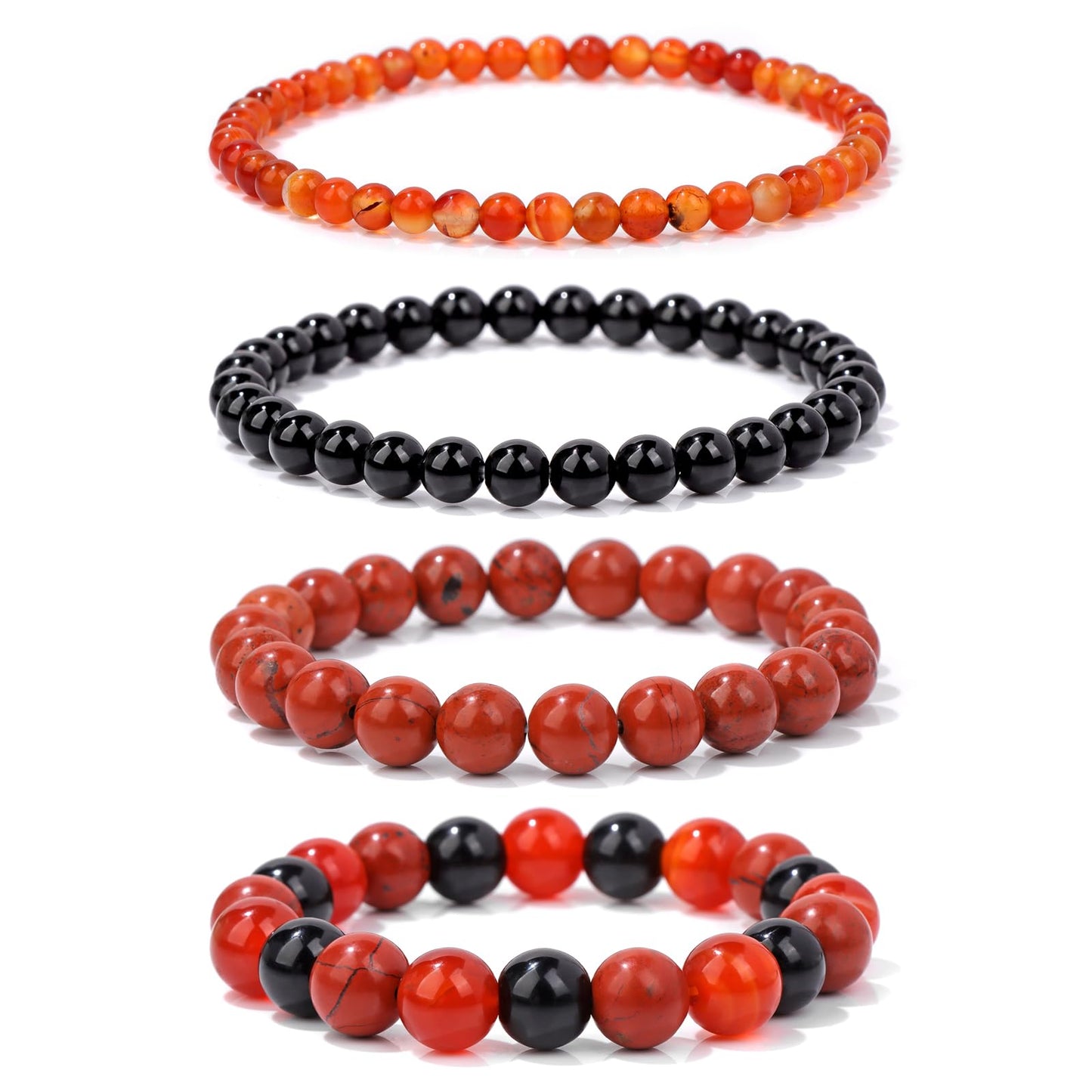 Vinswet 4pcs Natural Stone Beaded Bracelets for Women Men,Healing Crystal Gemstones Stretch Bracelet,4mm 6mm 8mm 10mm Black obsidian Red Jasper Red agate Anxiety Stress Relief Bracelet Jewelry Gifts