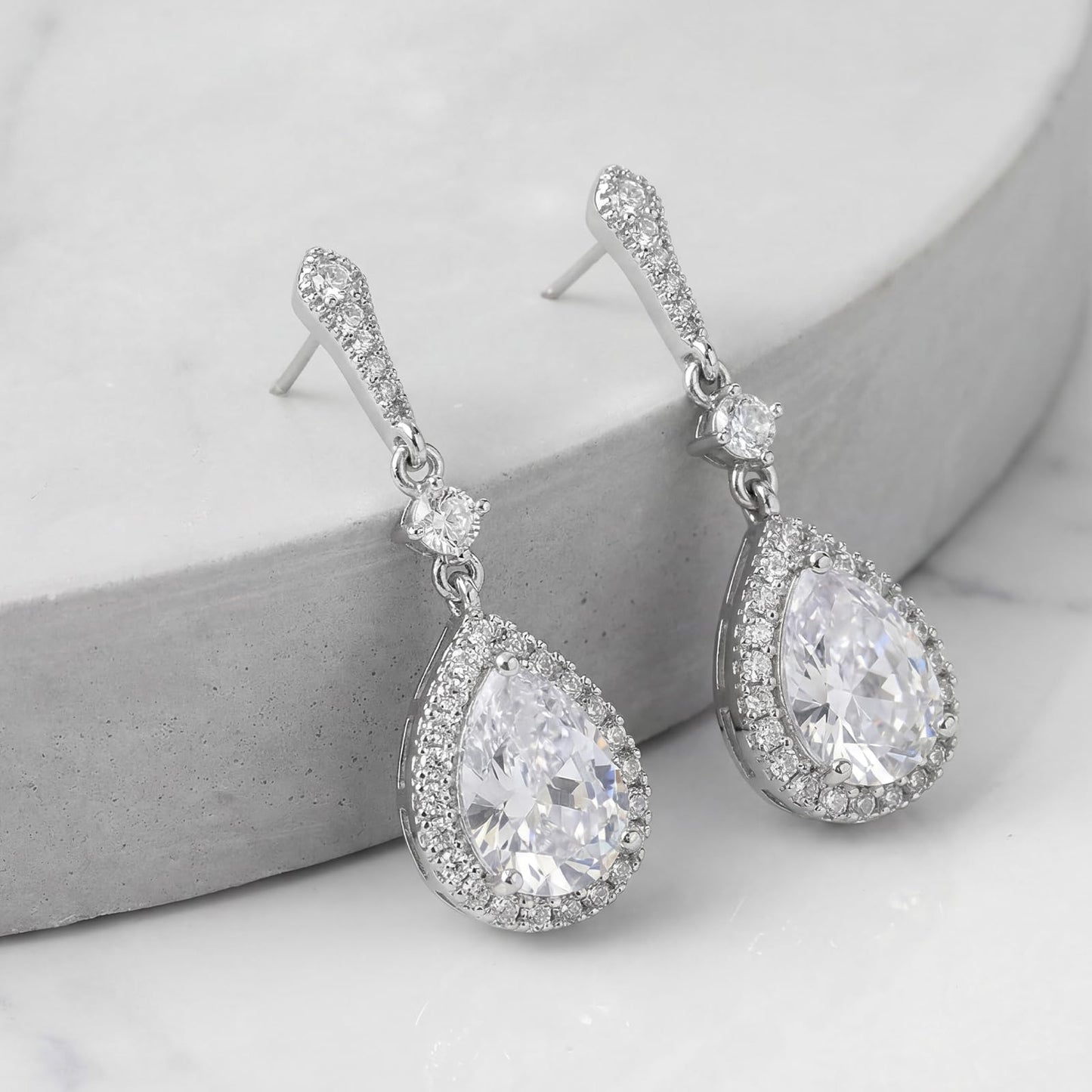 SWEETV Cubic Zirconia Dangle Earrings for Women, Teardrop Bridal Earrings for Wedding, Brides, Bridesmaids, Pear Shaped Drop Earrings for Women Prom Formal Party, Silver-Style4