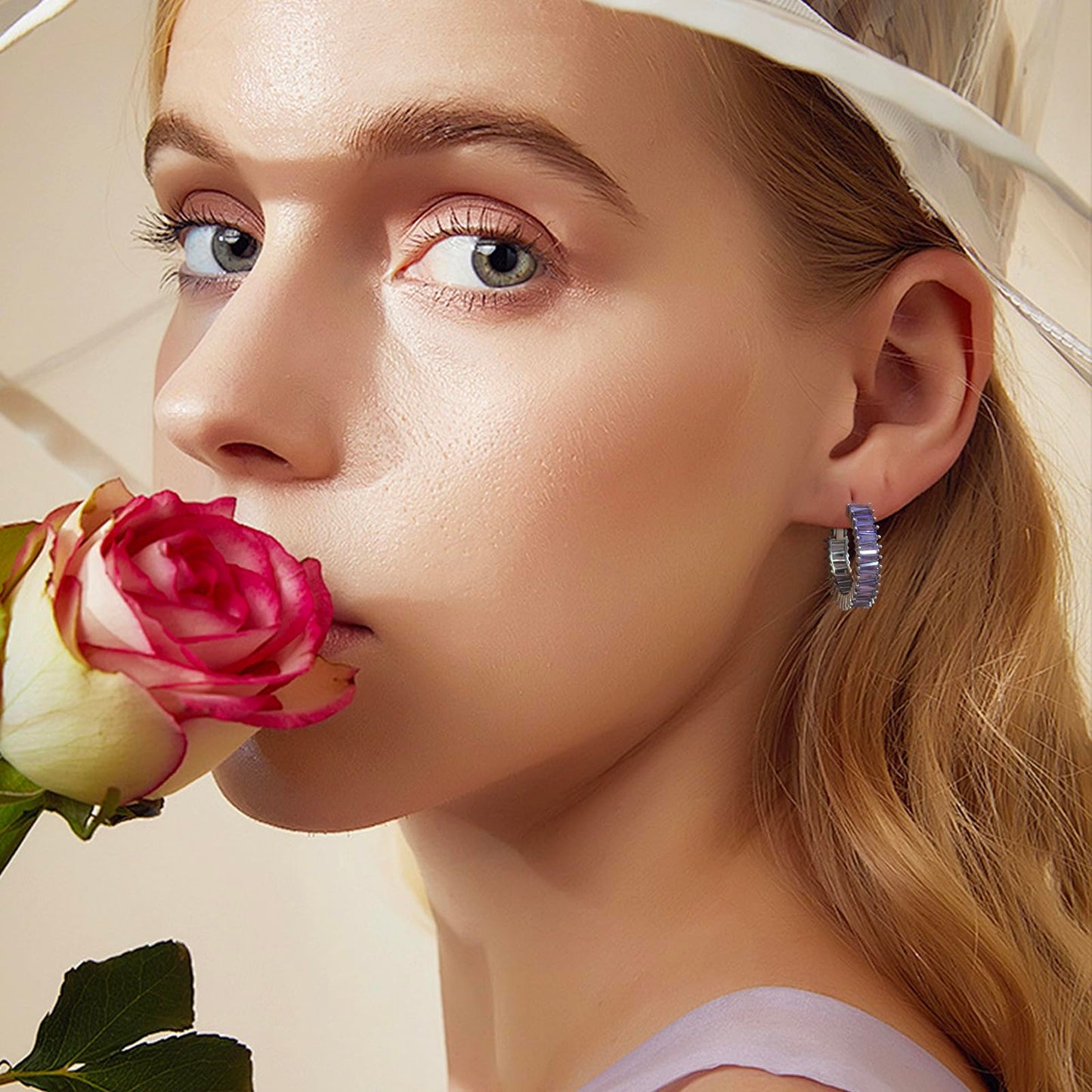 GLOQUAT Purple Hoop Earrings White Gold Plated Amethyst Earrings for Women Purple Rhinestone Earrings Lavender Earring Round Circle Hoops Vintage Baguette Cubic Zirconia Hoop Jewelry Gift 25mm