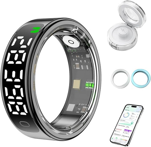 Smart Health Ring for Women Men, Smart Ring Fitness Tracker for iOS Android, Heart Rate, Blood Oxygen, Blood Pressure, Sleep Monitoring,5ATM Waterproof, No Subscription Fee (Black, 8#)