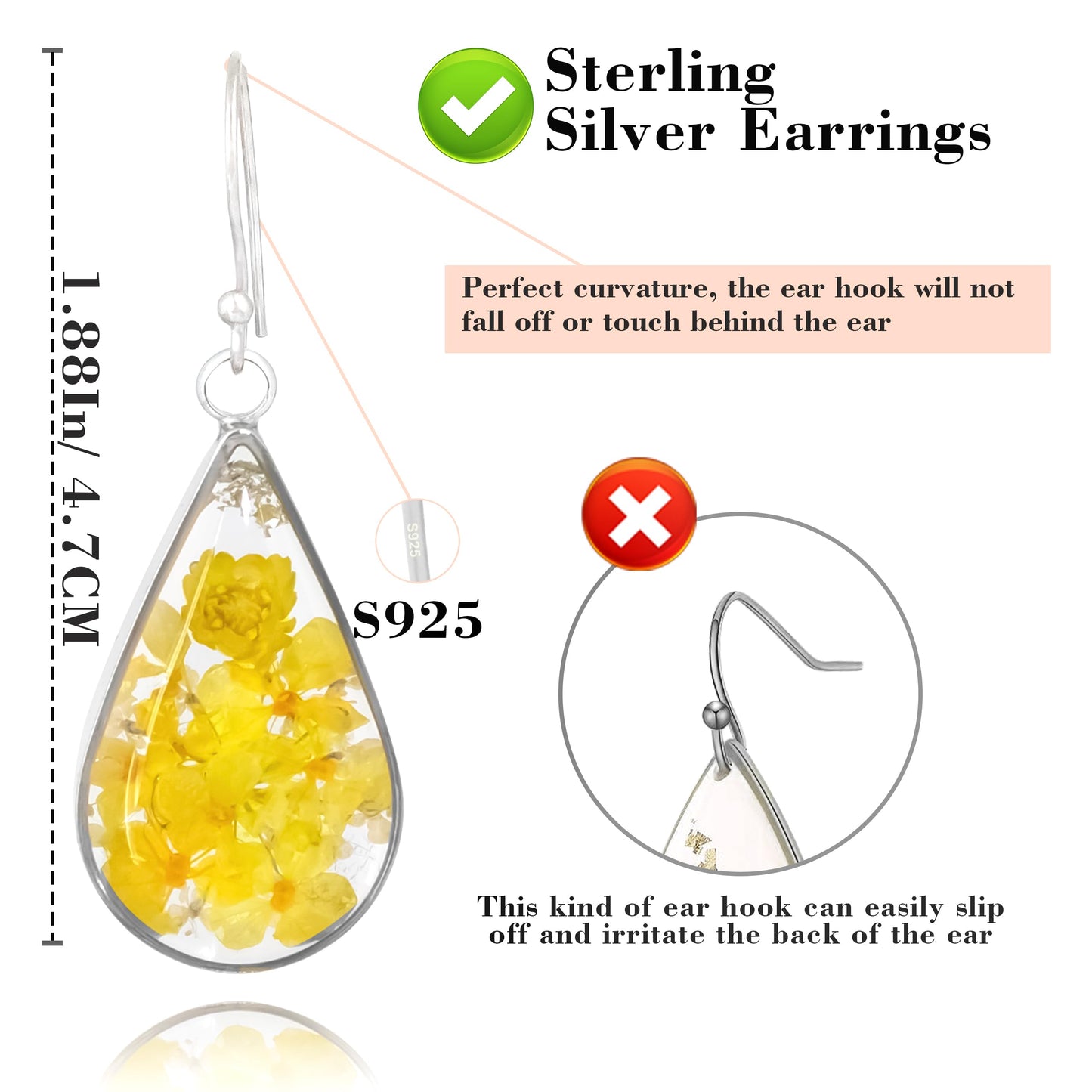 925 Sterling Silver Pressed Flower Teardrop Earrings,Hypoallergenic Women's Jewelry Gift for Mom,Handmade natural dried flower teardrop earrings Jewelry Gift (Yellow jade beads silver)
