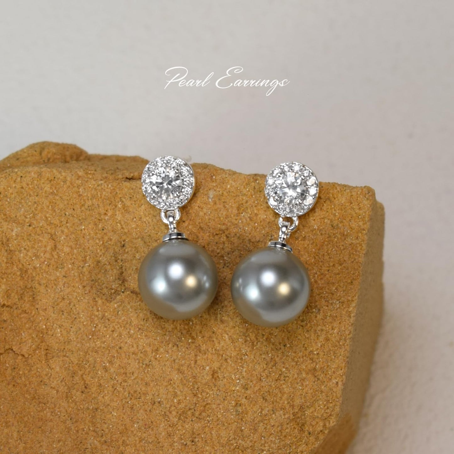 Elegant Imitation Diamond Pearl Drop Earrings Bride Bridesmiad Dangle Pearl Earrings for Women Wedding Party Everyday Wear (Grey)