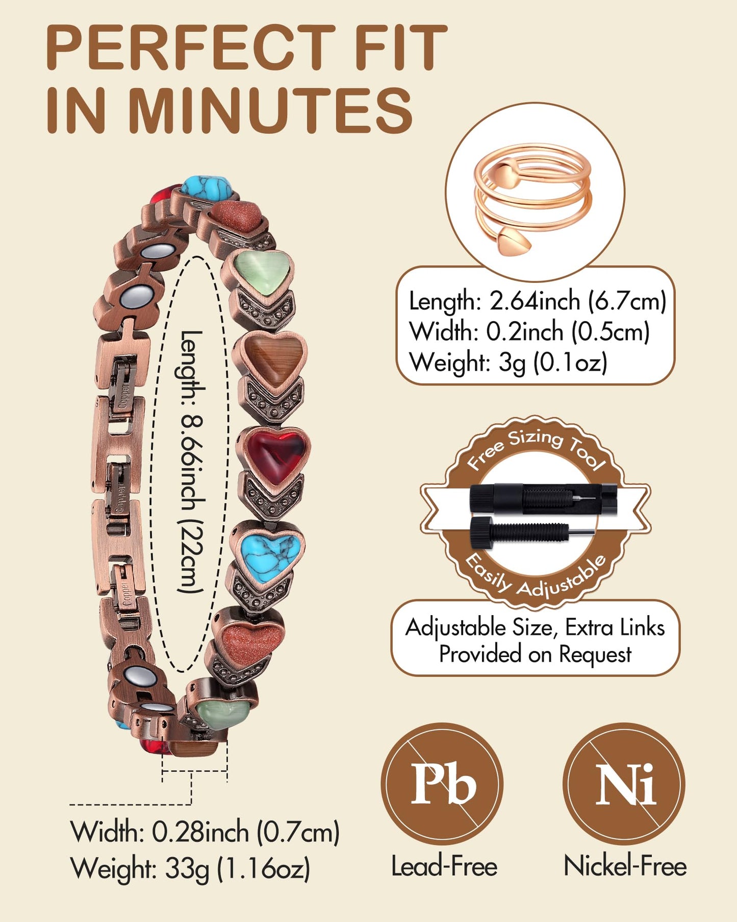 Feraco Pure Copper Bracelets & Rings for Women, Ultra Strength Magnetic Copper Bracelet with 3800 Gauss Magnets, Natural Turquoise & Stones, Adjustable Jewelry Gift (Heart Bloom)