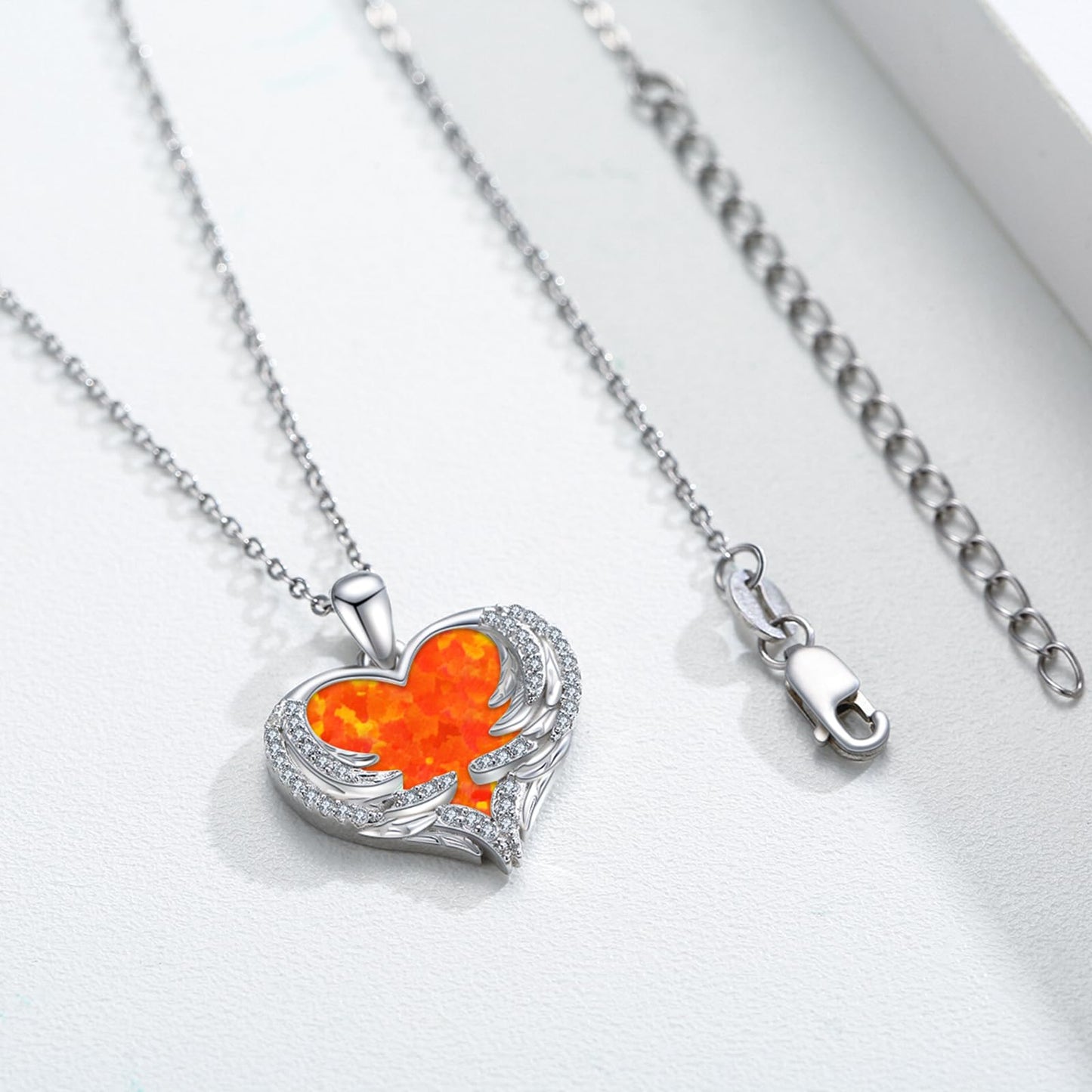 CUOKA MIRACLE Heart Necklace Angel Wing Heart Opal Necklace 925 Sterling Silver Women Necklace Guardian Angel Wings Pendant Necklace Dainty Opal Jewelry Birthday Gifts for Mom Women (Orange Opal Wings)