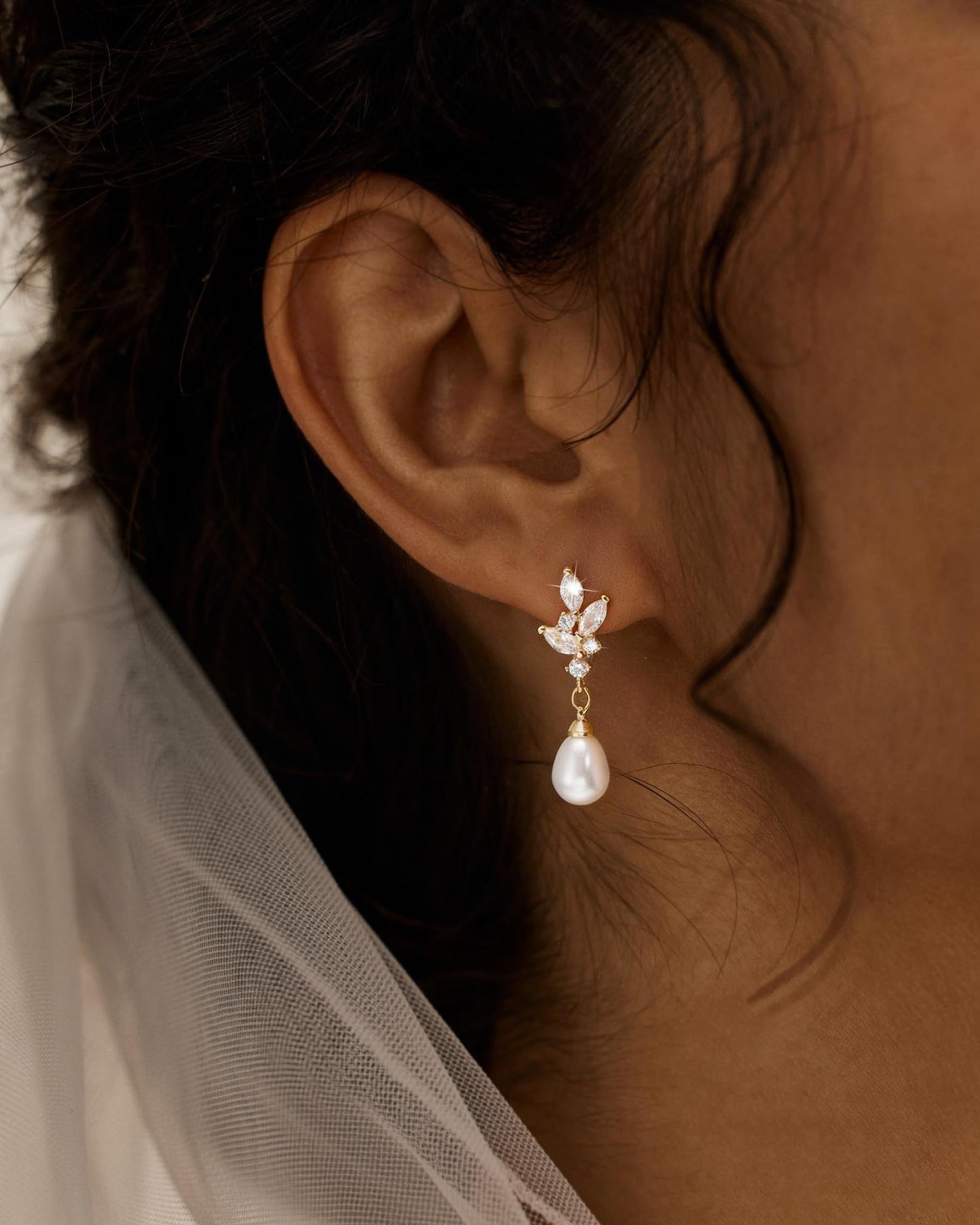 Gold Pearl Dangle Earrings for Women Trendy - 14K Gold Plated Brides Drop Dangle Cubic Zirconia Elegant Prom Bridal Bridesmaids Wedding Anniversary Dangling Jewelry