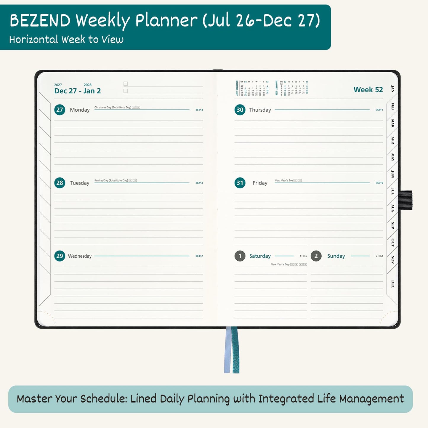 BEZEND Weekly Planner 2026-2027 (6" x 8.5") Horizontal Layout Notebook (Jul 26-Dec 27) 18 Months Academic Calendar & Monthly Tabs, Ideal for Students, Work & Home, PU Leather Hardcover -Black