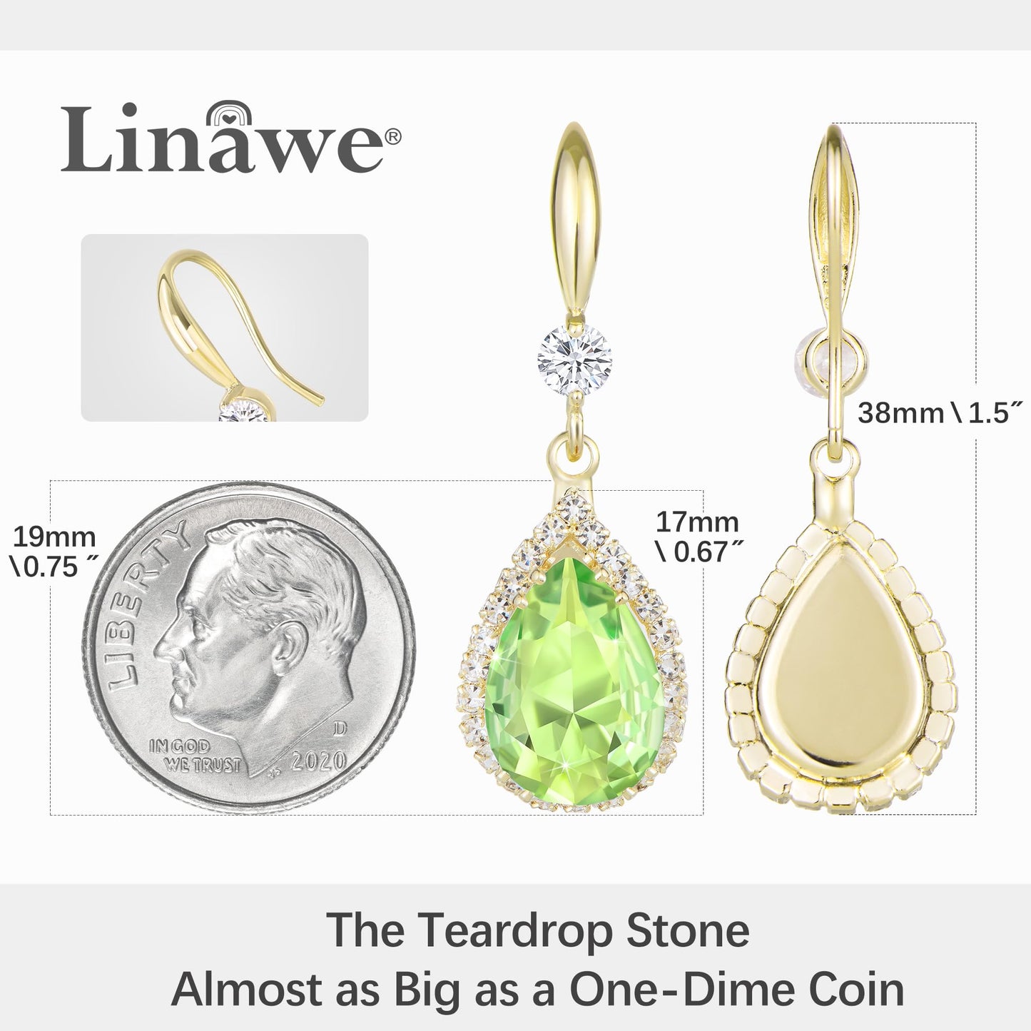 Linawe Lime Green Gold Dangle Earrings for Women Trendy, Imitation Diamond Rhinestone Teardrop Earrings Dangling, Cubic Zirconia Peridot Crystal Drop Chandelier Wedding Costume Jewelry