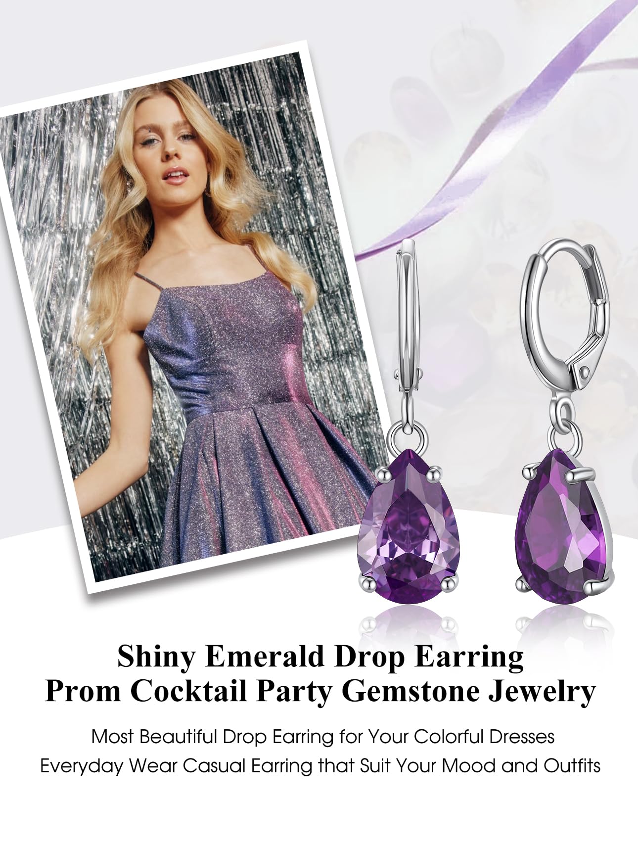 Bestyle Silver February Birthstone Dangle Earrings - Amethyst Crystal Drop Baguette Earrings for Women - Dainty Cute Small Silver Huggie Hoop Dangle Earrings for Birthday Wedding Party Gowns
