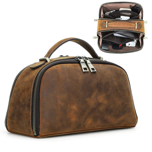 CONTACTS Full Grain Leather Tech Organizer Travel Case for Electronics Accessories Portable Cable Organizer Pouch with Handle, Storage Bag for Charger, Cables, Power Bank, Mouse
