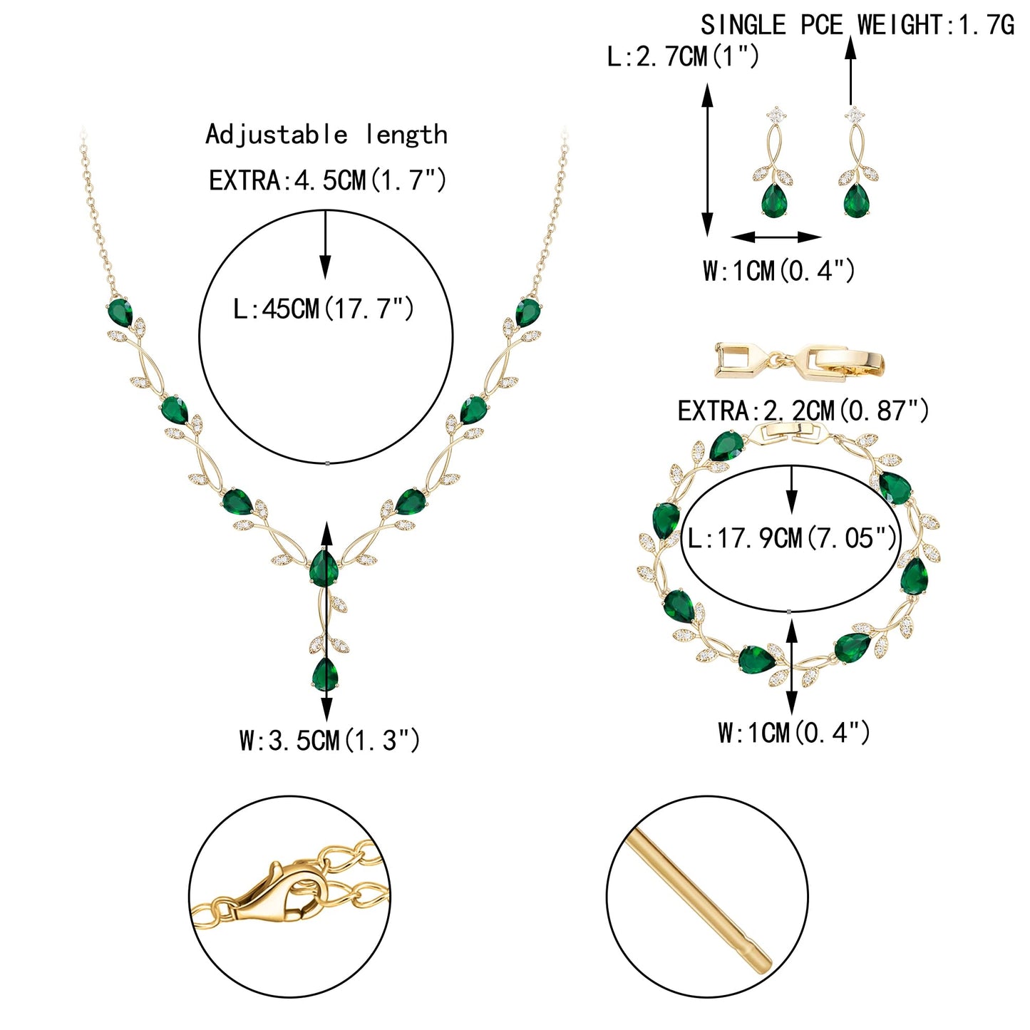 EVER FAITH Wedding Party Jewelry Set for Women, Green Teardrop Cubic Zirconia Gold-Plated-Brass Leaf Costume Prom Necklace Earrings Bracelet Sets Gift for Mother Friend Wife Daughter Sister