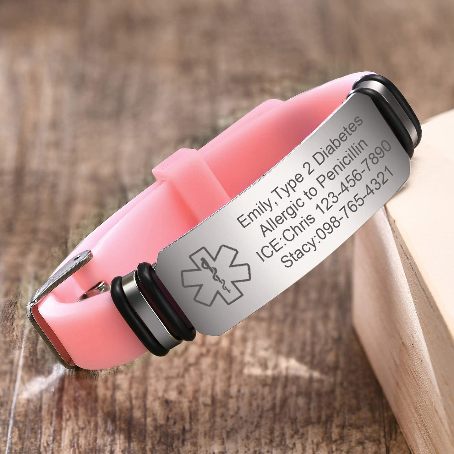 VNOX Pink Medical Alert Bracelets for Men Women with Adjustable Sport Silicone Medical ID Bracelets Wristband