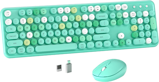 MPTOG 2.4GHz Colorful Wireless Computer Keyboard and Mouse Combo with Round Typewriter Keycaps, Retro Design, Power