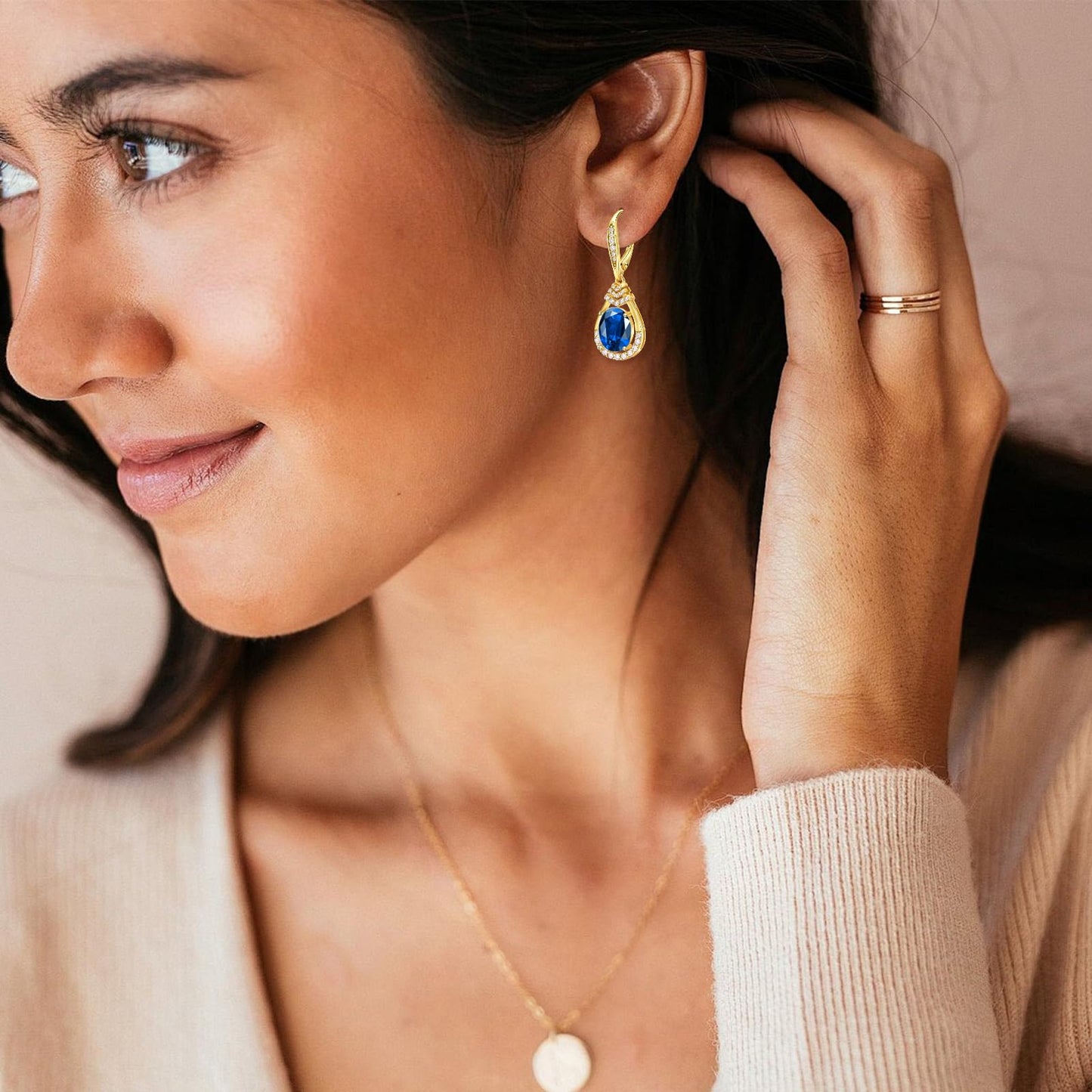 Valentine's Day Gifts for Women |18K G Plated Sterling Silver Birthstone Teardrop Leverback Drop Earring for Women Lady | Wedding Jewelry Gifts for the Bride | Hypoallergenic Oval Cut CZ Earrings (18k Gold Plated-09-Sep.-Sapphire)